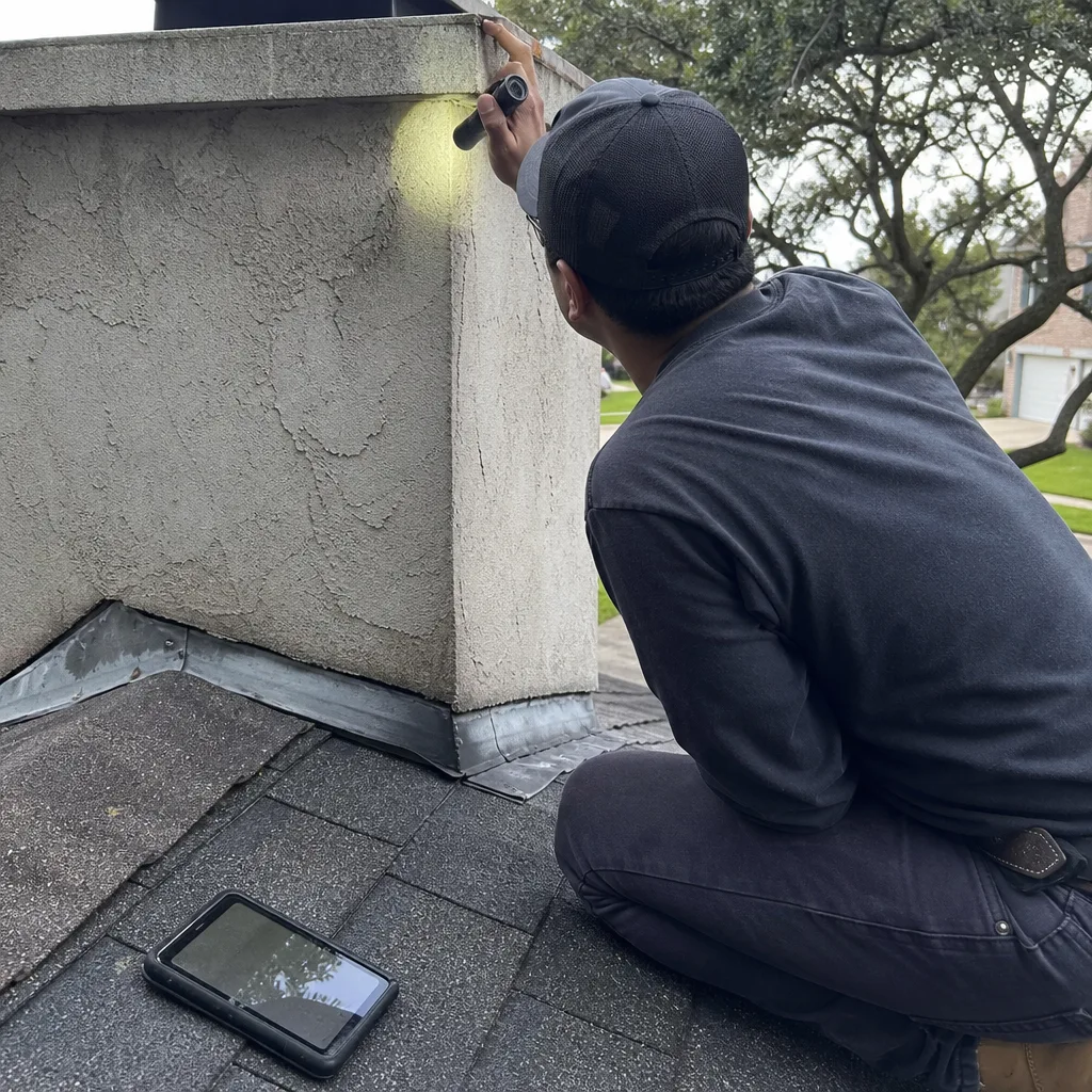 Professional inspector performing a thorough residential chimney safety inspection