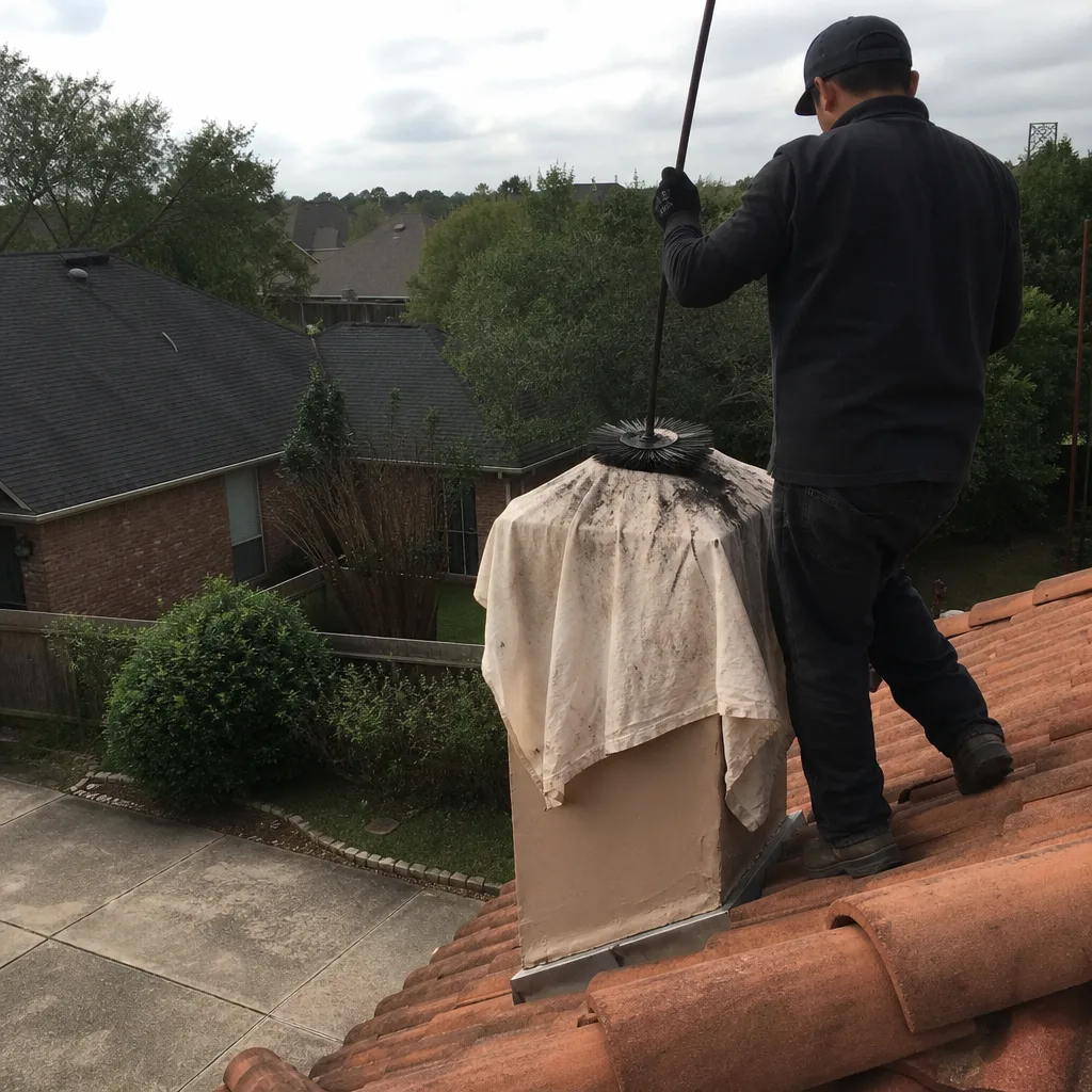 Professional chimney sweep cleaning a chimney stack on a tiled roof