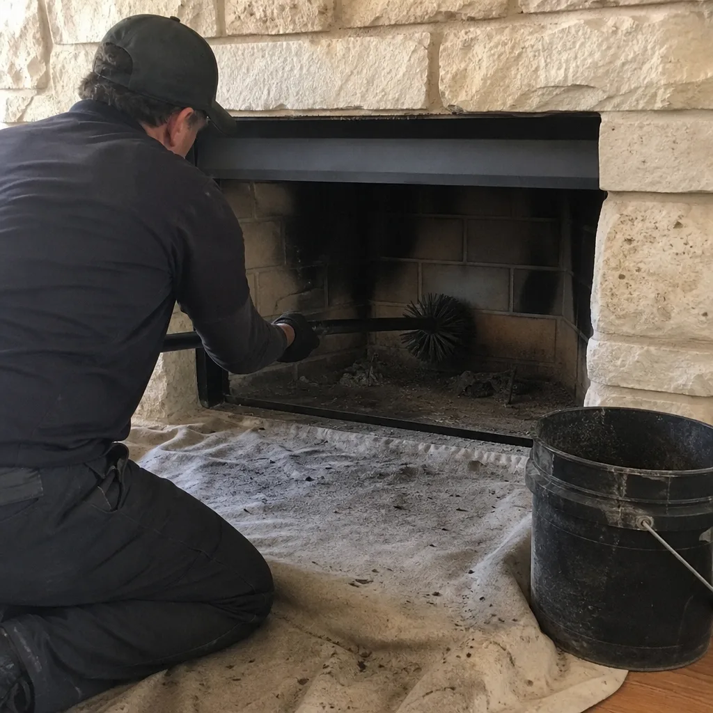 Professional chimney sweep cleaning a stone fireplace with a long brush