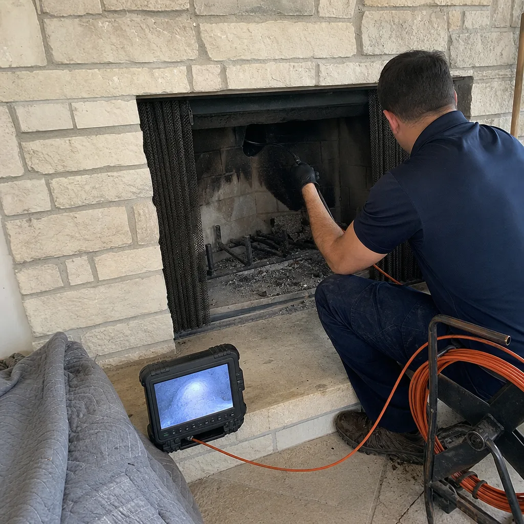 Technician using chimney inspection camera inside a residential stone fireplace