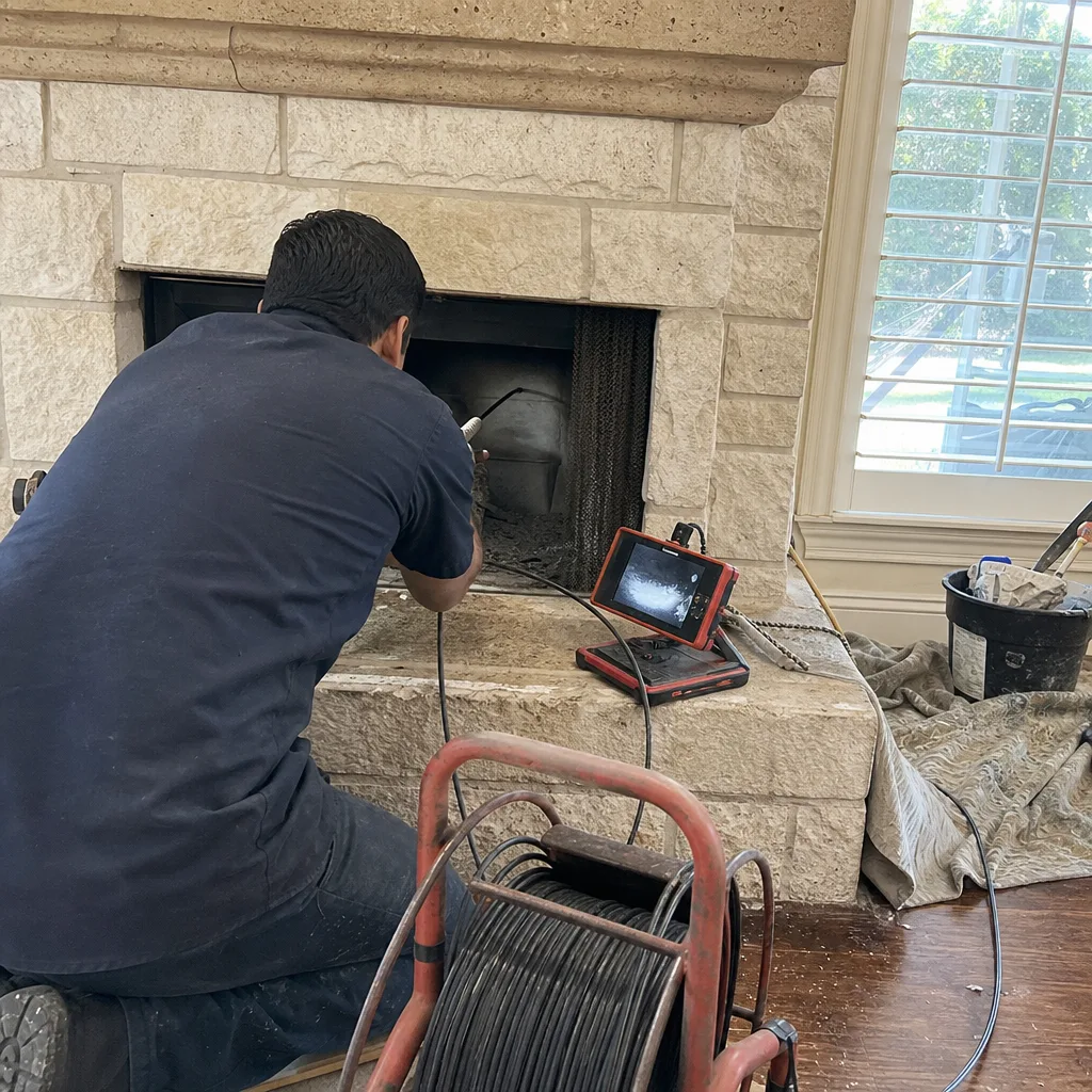 Technician performing professional fireplace inspection with a chimney camera system