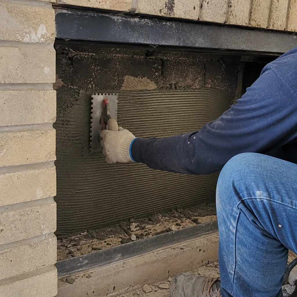 Professional contractor applying mortar to a fireplace firebox for repair.